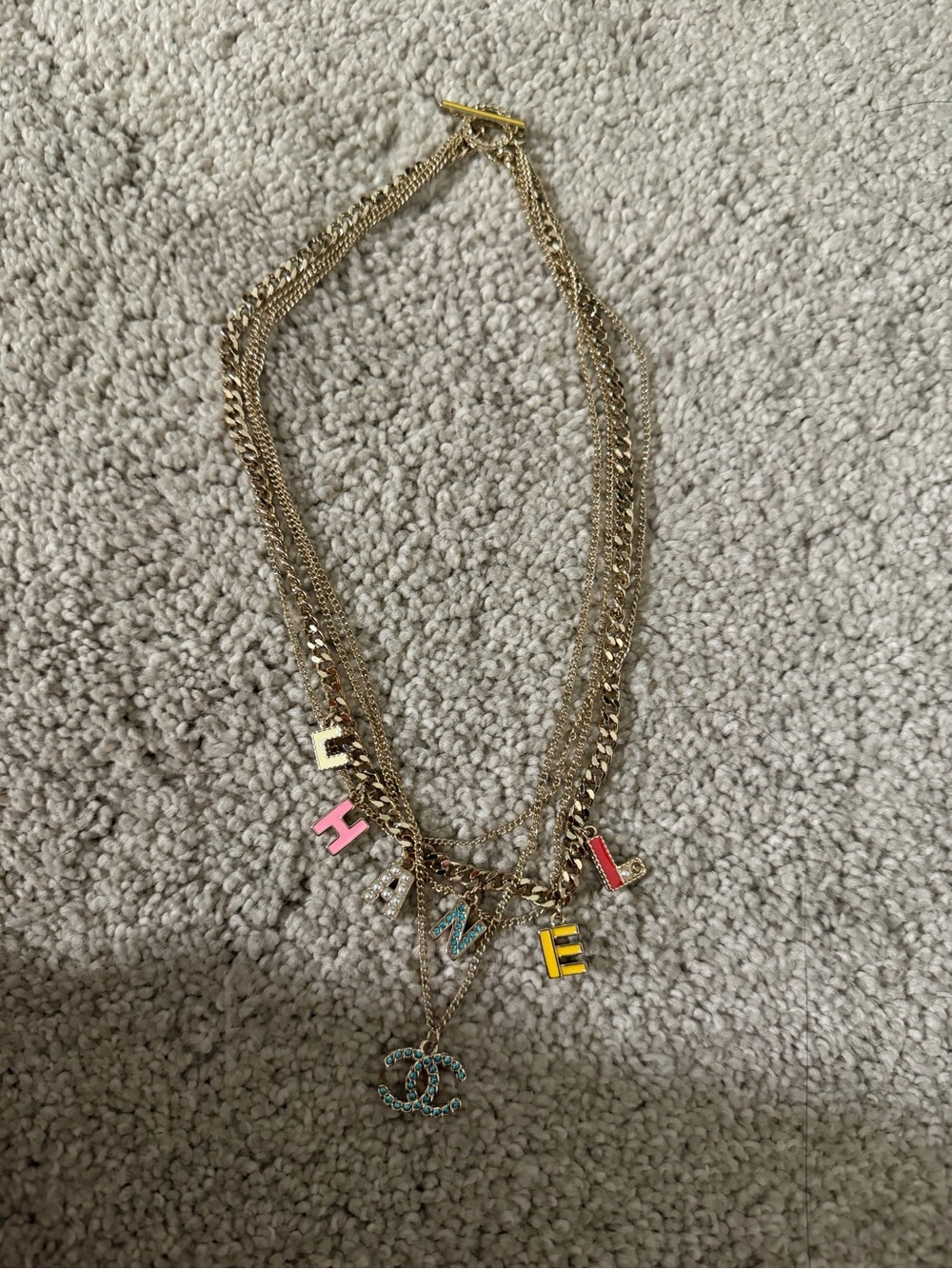 CHANEL Gold-Tone Multicolor Enamel Letter & CC Charm Necklace
